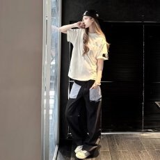 批发2026秋季牛仔裤<b class='q'>男</b>女新款美式高街格子拼接宽松直筒垂感阔腿长裤