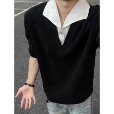 黑色麦穗纹假两件卫衣男款秋季重磅学院风长袖t恤内搭打底Polo衫