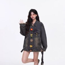 批发秋冬复古花朵纽扣牛仔外套男女宽松小众设计感美式高街设计感<b class='q'>夹克</b>