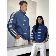 新中式麂皮绒三条杠运动外套男女痞帅时尚盘扣立领夹克