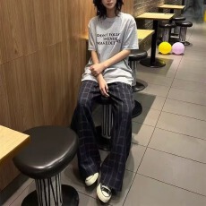 批发秋季美式复古格子拼接慵懒风直筒休闲裤男<b class='q'>女</b>宽松阔腿百搭<b class='q'>长裤</b>
