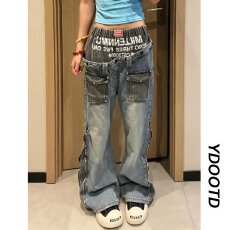 批发美式微喇蓝<b class='q'>牛仔裤</b>男女春秋季新款潮牌双裤头松紧腰设计感<b class='q'>牛仔裤</b>