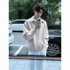 批发假两件蓝色竖条纹衬衫2026<b class='q'>春</b>秋男高级感休闲长袖青少年衬衣外套