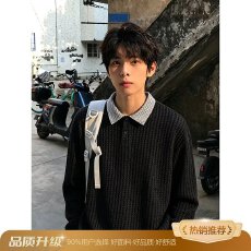 批发深灰色鱼骨纹长袖polo衫男款秋季千鸟格卫衣重磅复古宽松上衣