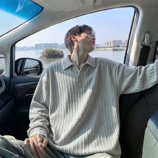 批发复古高级感老钱风翻领毛衣男秋季<b class='q'>潮</b>牌情侣宽松休闲针织衫