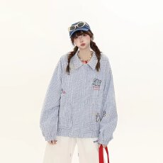 批发2026设计感蓝色格子防晒长袖衬衫<b class='q'>男</b>女春薄款美式复古宽松休闲衬衫