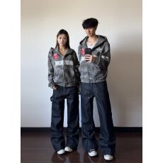 批发TINELT 美式复古街头风豹纹印花连帽卫衣<b class='q'>男</b>女宽松拉链<b class='q'>开衫</b>外套