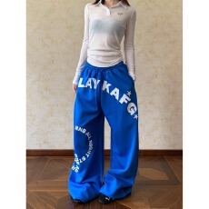 批发Apocket美式字母印花运动卫<b class='q'>裤</b>女新款垂感阔<b class='q'>腿</b>显瘦拖地休闲长<b class='q'>裤</b>子