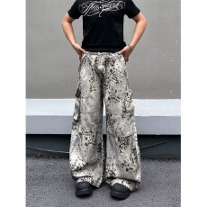 批发美式拼接豹纹印花阔腿牛仔裤秋冬设计感休闲宽松直筒青少年拖地裤