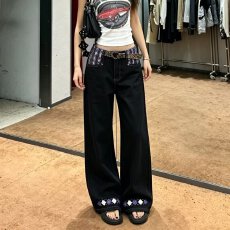 批发美式复古设计感拼接腰头直筒牛仔<b class='q'>裤</b>女秋季新款休闲宽松显瘦阔腿<b class='q'>裤</b>