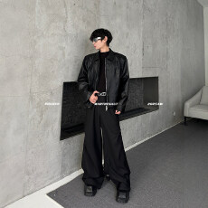 批发解构设计感立体裁剪pu皮衣夹克外套男秋冬痞帅机车服