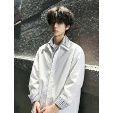 批发白色假两件条纹拼接长袖衬衫男款秋季设计感长袖衬衣cleanfit外套