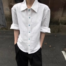 批发日系简约复古风条纹<b class='q'>衬衫</b><b class='q'>男</b>长袖宽松<b class='q'>休闲</b>通勤百搭<b class='q'>衬衣</b>