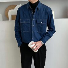 批发春秋新款韩版2025复古青少年牛仔<b class='q'>衬衫</b>外套长袖上衣<b class='q'>男</b><b class='q'>休闲</b>宽松<b class='q'>衬衣</b>