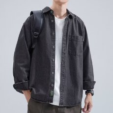 批发长袖高级感简约牛仔夹克<b class='q'>男</b>士2025春季新款宽松大码工装<b class='q'>衬衣</b>外套<b class='q'>男</b>