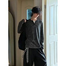 批发春秋新款男士圆领条纹卫衣时尚假两件百搭<b class='q'>休闲</b>长袖上衣帅气打底衫