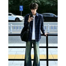 批发原版灯芯绒格子衬衫男款<b class='q'>春</b>秋季宽松休闲百搭开衫长袖衬衣情侣外套