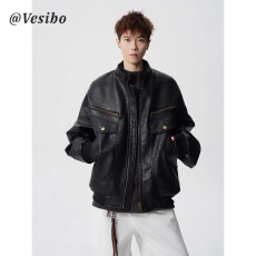 A PUEE美式复古肌理设计感PU皮衣夹克boxy多口袋廓形机车服外套潮