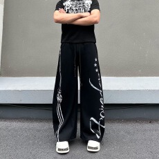 批发美式街头撞色条纹拼接双腰头松紧<b class='q'>休闲</b>卫裤男女阔腿弯刀跳舞运动裤