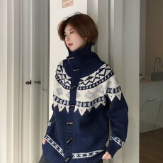 批发Ja1从不熬夜 费尔岛提花高领毛衣<b class='q'>男</b>女同款撞色宽松牛角扣<b class='q'>针织</b><b class='q'>开衫</b>