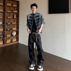欧货牛仔上衣女潮2026春秋季新款显瘦修身纽扣装饰立领长袖短外套