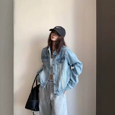 Med老叔 原创小众做旧复古水洗街头牛仔套装宽松扎染垫肩夹克外套