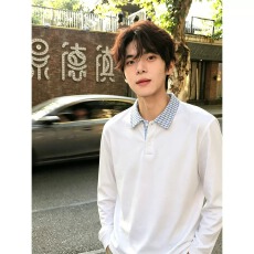 白色假两件千鸟格polo衫男夏季正肩长袖t恤cleanfit速干运动卫衣