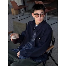 批发藏青色假两件格子<b class='q'>衬衫</b>外套男秋季潮牌慵懒风宽松休闲工作服夹克上
