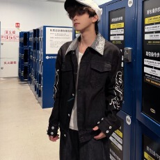 批发轻奢潮流韩版水洗牛仔外套男生复古蓝色刺绣<b class='q'>时尚</b>休闲痞帅夹克上衣