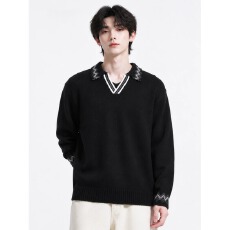 批发北极绒复古翻领毛衣<b class='q'>男</b>秋季宽松慵懒风棕色针织衫<b class='q'>男</b>士外套潮