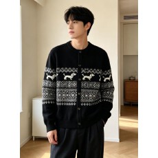 费尔岛腊肠狗提花开衫毛衣男秋冬宽松圆领针织外套休闲叠穿外搭潮