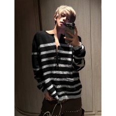 批发韩版条纹慵懒风毛衣<b class='q'>男</b>纽扣圆领开衫针织衫百搭宽松休闲外穿线衫潮