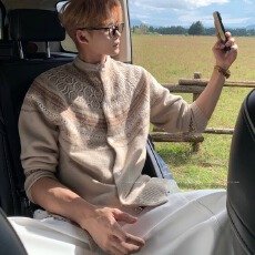美式日系撞色老钱风圆领开衫毛衣男女冬季针织衫提花保暖上衣外套