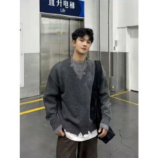 批发MRNEARLY美式半拉链破坏毛衣<b class='q'>男</b>秋冬款宽松慵懒风设计感小众针织衫