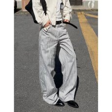 批发美式复古通勤高智老钱风条纹西裤<b class='q'>男</b>女宽松垂感百搭弯刀休闲<b class='q'>西装</b>裤