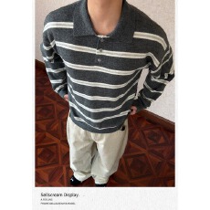 批发新款潮流原宿时尚慵懒<b class='q'>男装</b>条纹设计休闲时尚宽松翻领<b class='q'>毛衣</b>男上衣