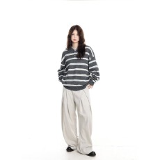 批发时尚原宿新款春季新品<b class='q'>男装</b>休闲翻领擦色条纹长袖针织衫<b class='q'>毛衣</b> 日系