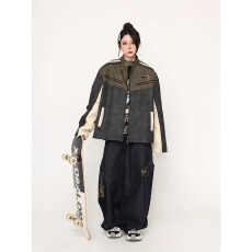 批发美式复古机车PU皮麂皮绒立领<b class='q'>夹克</b>男秋季宽松痞帅街头拼色情侣<b class='q'>外套</b>