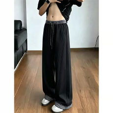 批发美式格纹拼接休闲卫裤男夏季冰丝薄款垂感阔腿裤子显瘦直筒微喇裤