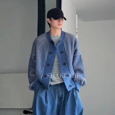批发秋冬季复古慵懒重磅粗条纹双排扣加厚保暖<b class='q'>毛衣</b>外套男