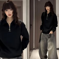 批发美式<b class='q'>街头</b>秋季金属半拉链翻领卫衣宽松长袖上衣男女同款