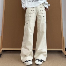 批发美式复古铆钉高腰水洗做旧牛仔裤女2026<b class='q'>秋</b>季新款宽松显瘦直筒裤