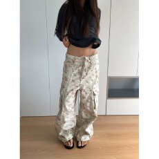 批发白色碎花阔腿牛仔裤女2026<b class='q'>夏</b>季新款高腰设计感宽松显瘦直筒拖地裤