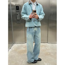 批发美式复古湖水绿夹克男短款春秋高级感ing底特律工装外套