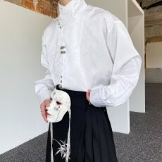 批发新中式E国风缎面提花暗纹立领小众金属扣盘扣衬衫男控