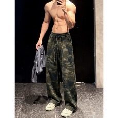 美式复古迷彩卫裤男秋季vintage潮牌重磅运动裤子宽松直筒休闲裤