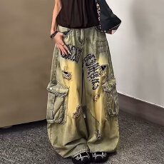 批发美式复古做旧破洞补丁牛仔裤男女潮牌痞帅<b class='q'>大码</b><b class='q'>宽松</b>嘻哈阔腿长裤子