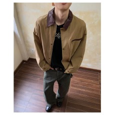 批发潮流时尚美式复古巴恩风短款做旧皮领外套百搭夹克外套上衣男士
