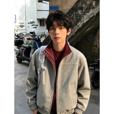 批发美式复古撞色皮衣夹克男款秋季潮牌高级感痞帅立领外套短款机车服