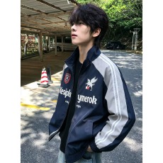 男生秋季外套美式条纹拼接撞色运动棒球服少年感立领印花飞行夹克